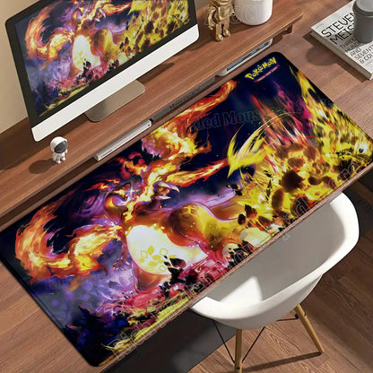 A Pokémon desk mat featuring Charizard in vibrant orange, yellow, and purple flames against a dark background.
