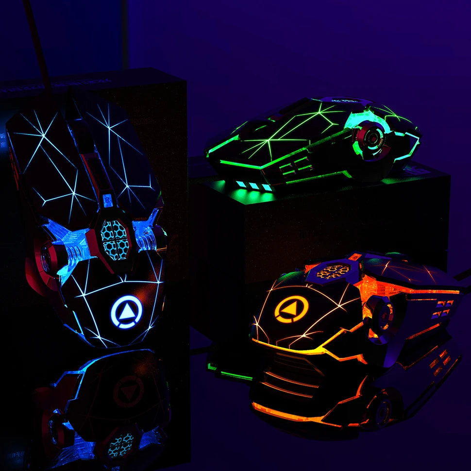 Three black gaming mice with glowing RGB geometric lines and glowing circle logos in blue, green, and orange.