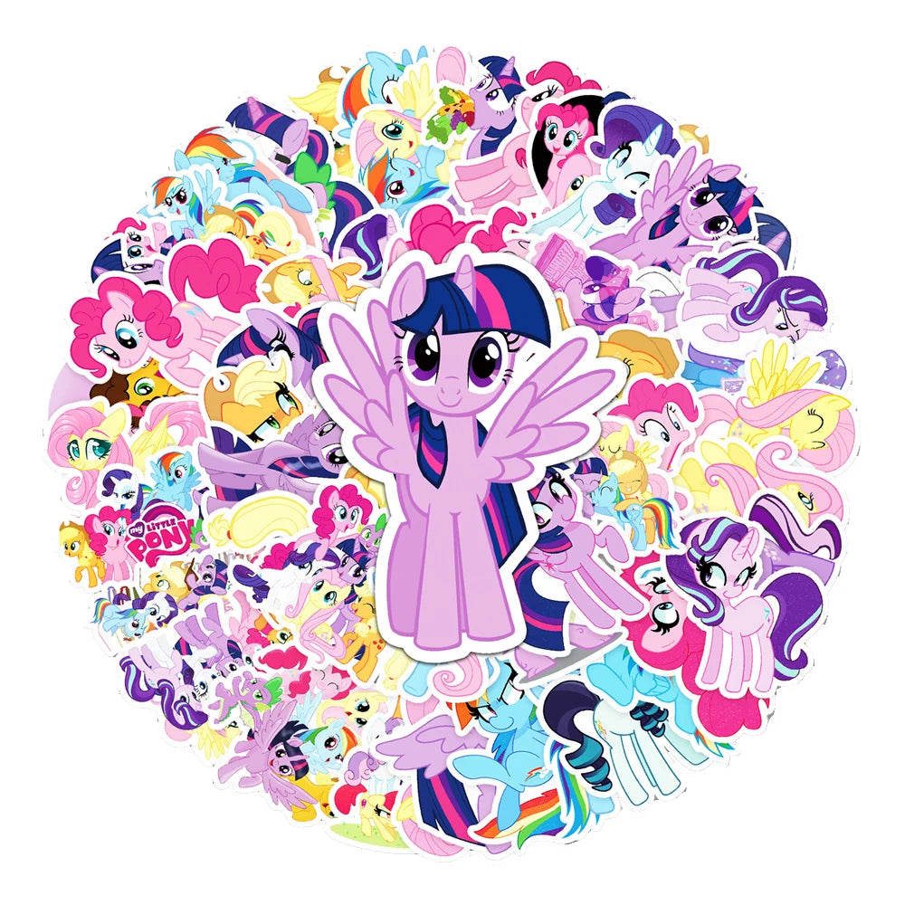 A large collection of colorful My Little Pony stickers arranged in a circular cluster, featuring Twilight Sparkle on top.