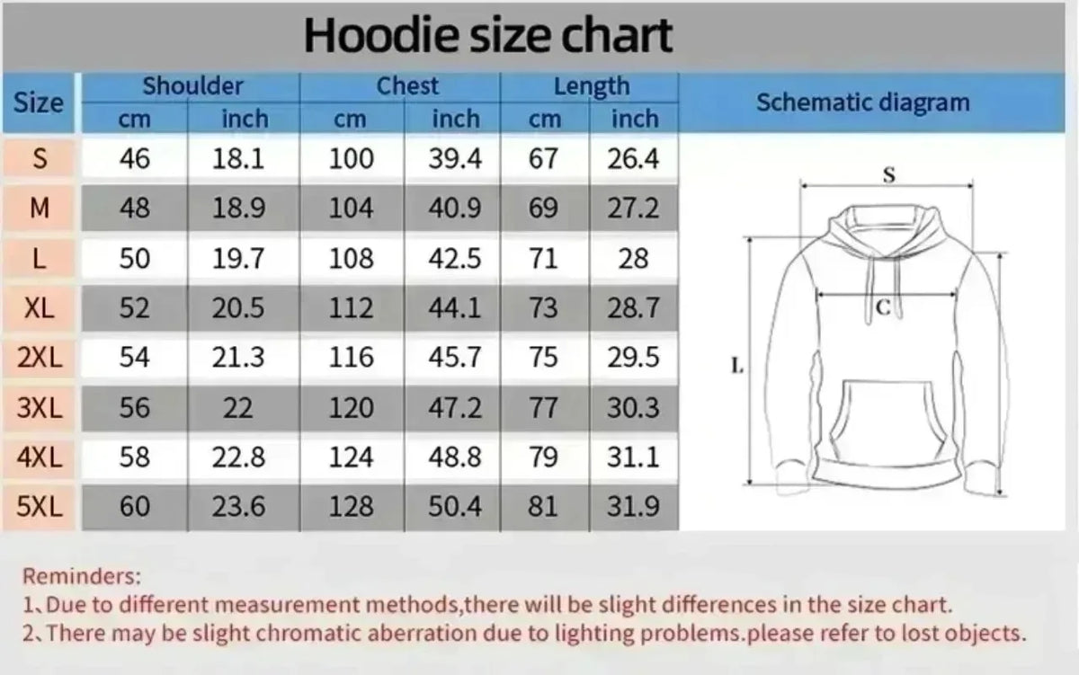 Hoodie size chart with measurements for sizes S to 5XL in cm and inches, alongside a schematic diagram of a hoodie.