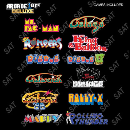 Logos for Ms. Pac-Man, Galaga, Dig Dug, Galaxian, Mappy, Rally-X, and Rolling Thunder against a black background.