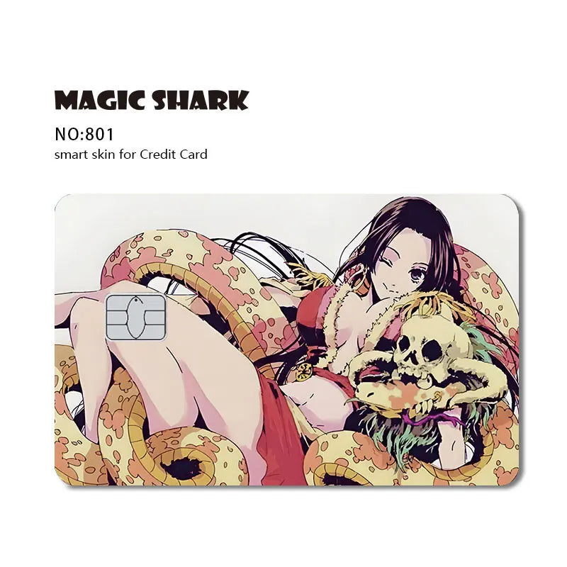 Anime credit card skin featuring a dark-haired woman in red lounging with a spotted snake and a skull.