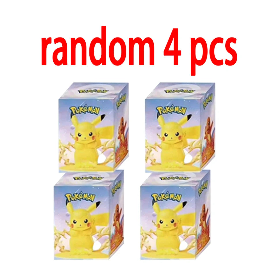 Four Pokémon blind boxes featuring Pikachu, with red text overhead reading "random 4 pcs".