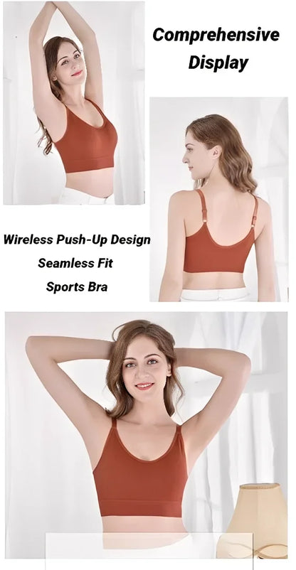 A woman wears a seamless, wire-free rust-colored bralette, shown from front, side, and back views.