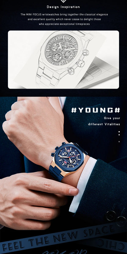 MINI FOCUS Motley Chronograph Quartz Watches Men Stainless Steel Business Sport Wristwatch with Luminous Hands Auto Date 0411