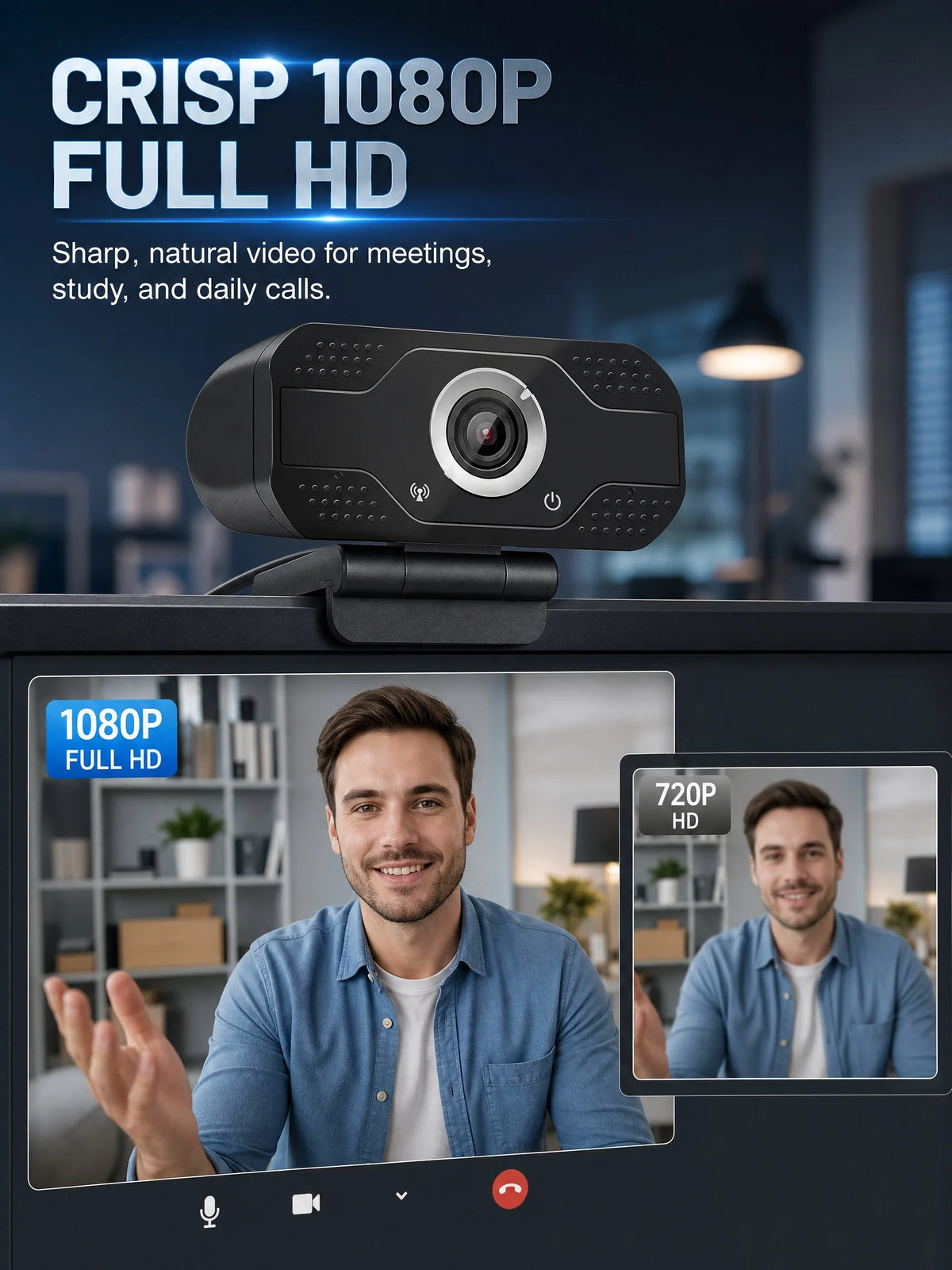 Black USB webcam mounted on a monitor showing a comparison between 1080p and 720p video calls.