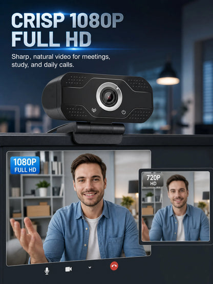 Black USB webcam mounted on a monitor showing a comparison between 1080p and 720p video calls.