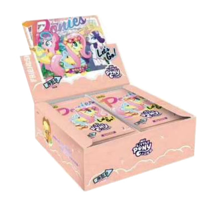 Pink My Little Pony trading card display box containing foil booster packs with colorful character art.