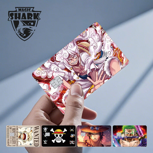 A hand holds a credit card skin sticker featuring an anime character in white hair amidst red swirls.