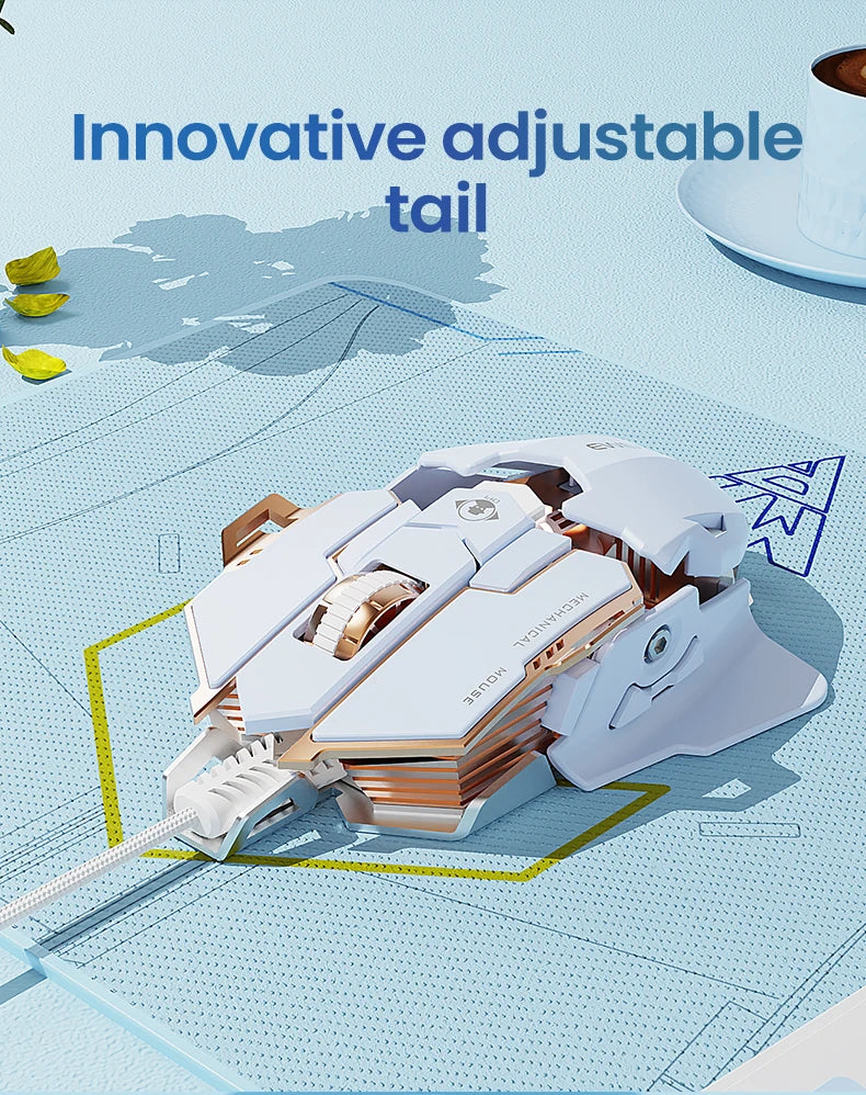 White and gold wired gaming mouse with a segmented, mechanical design resting on a blue surface.