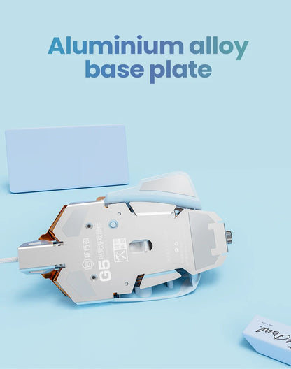 Bottom view of EWEADN G5 wired gaming mouse, showing its silver aluminum alloy base plate and light blue accents.