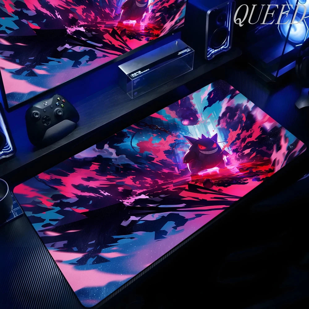XXL gaming mouse pad featuring Gengar amidst pink and blue abstract clouds and glowing energy.