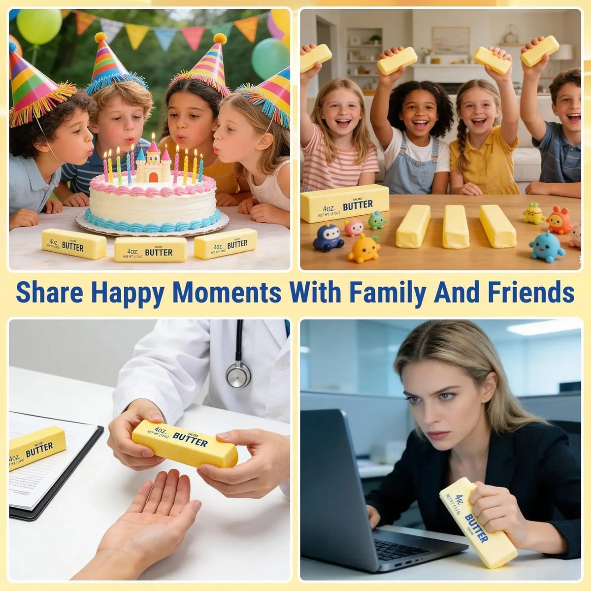 Four panels showing people with butter stick stress toys at a birthday, with friends, at work, and with a doctor.