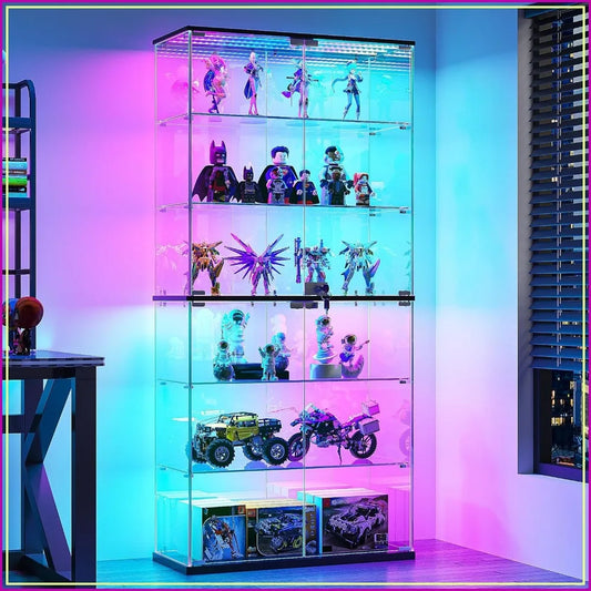 A black, six-tier glass curio cabinet illuminated by pink and blue LED lights, holding various action figures and toy vehicles.