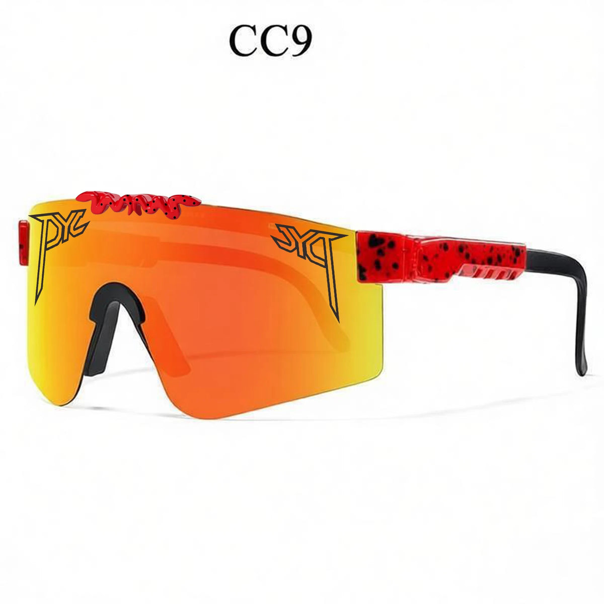 Orange-yellow mirrored sport sunglasses with red spotted temples and trim, featuring black logos.