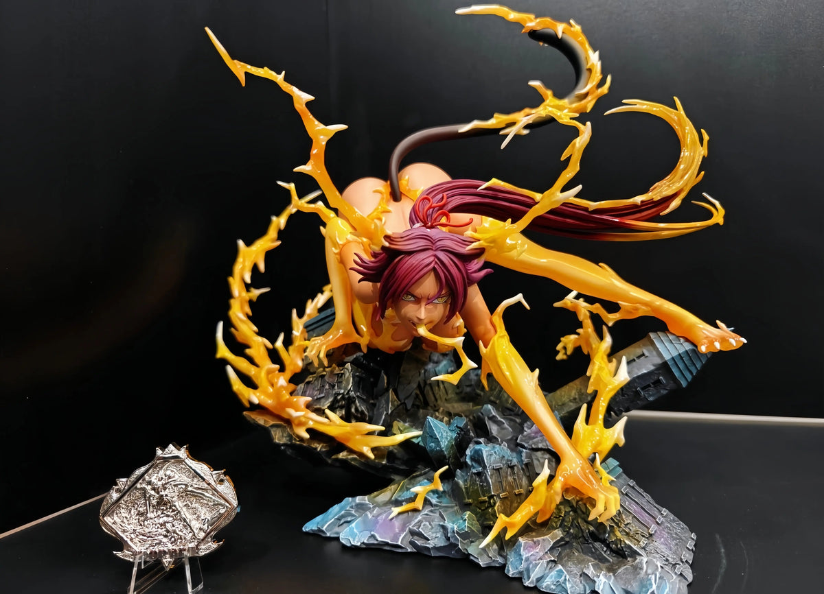 Yoruichi Shihouin figure with maroon hair and a cat tail, posed on rocky debris amid translucent yellow energy bolts.