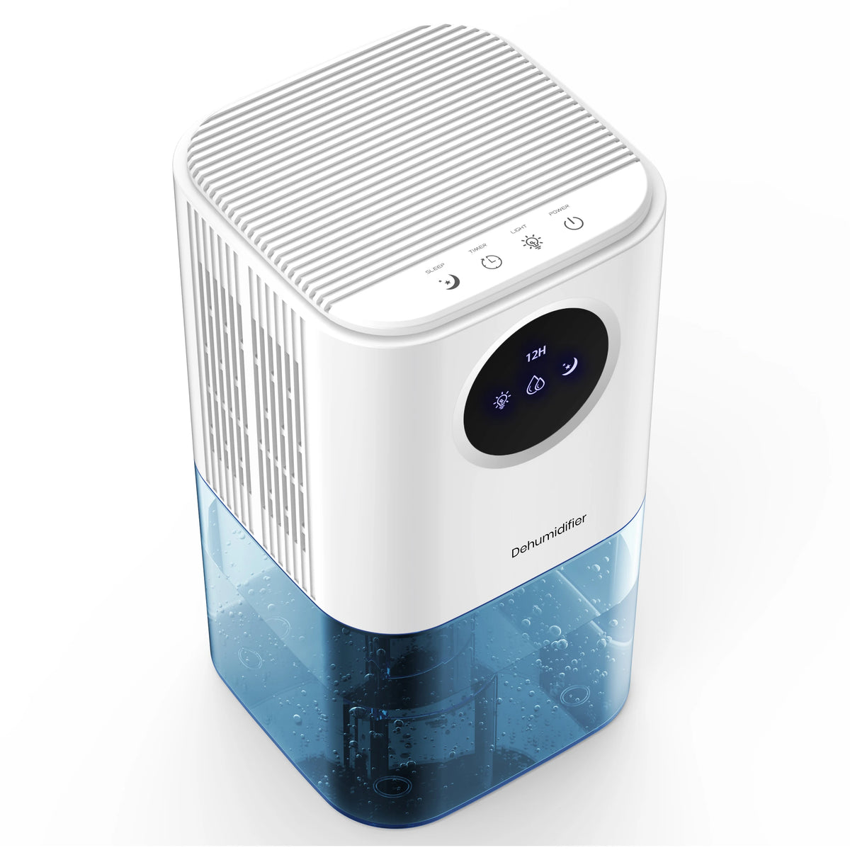 A white portable dehumidifier with a translucent blue water tank, touch controls, and a round display panel.