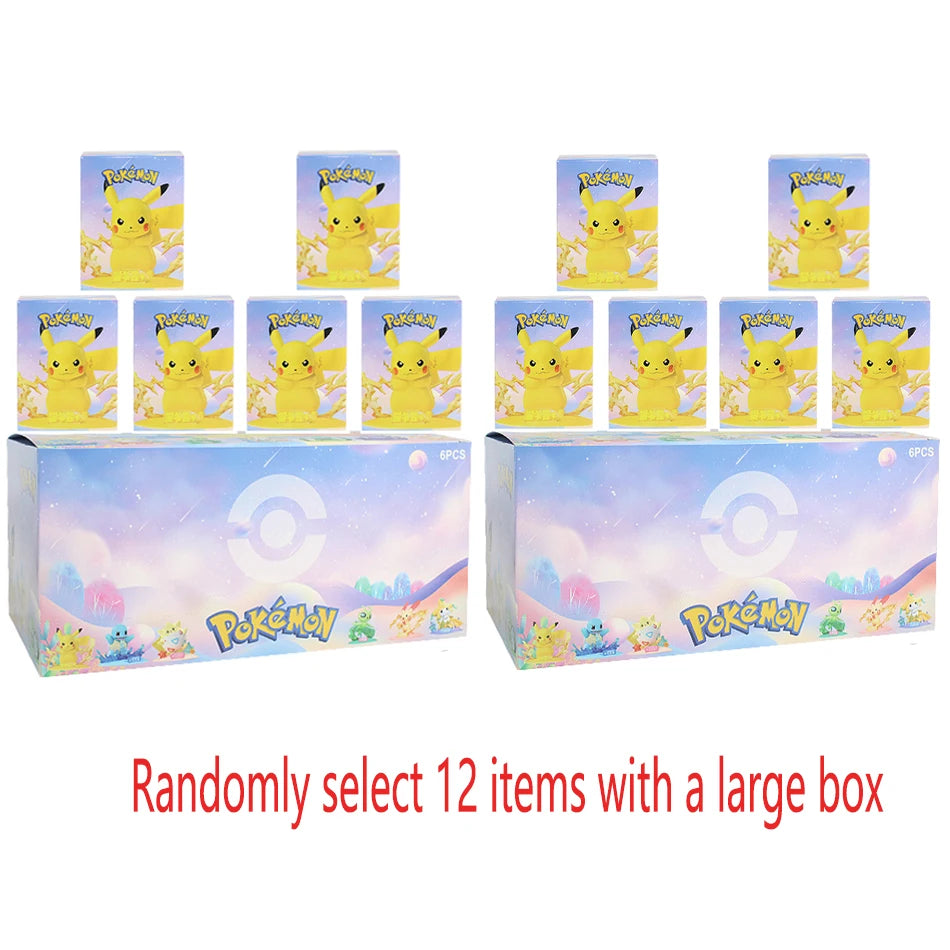 Two Pokémon blind box displays with Pikachu boxes and a large box, plus red text at the bottom.