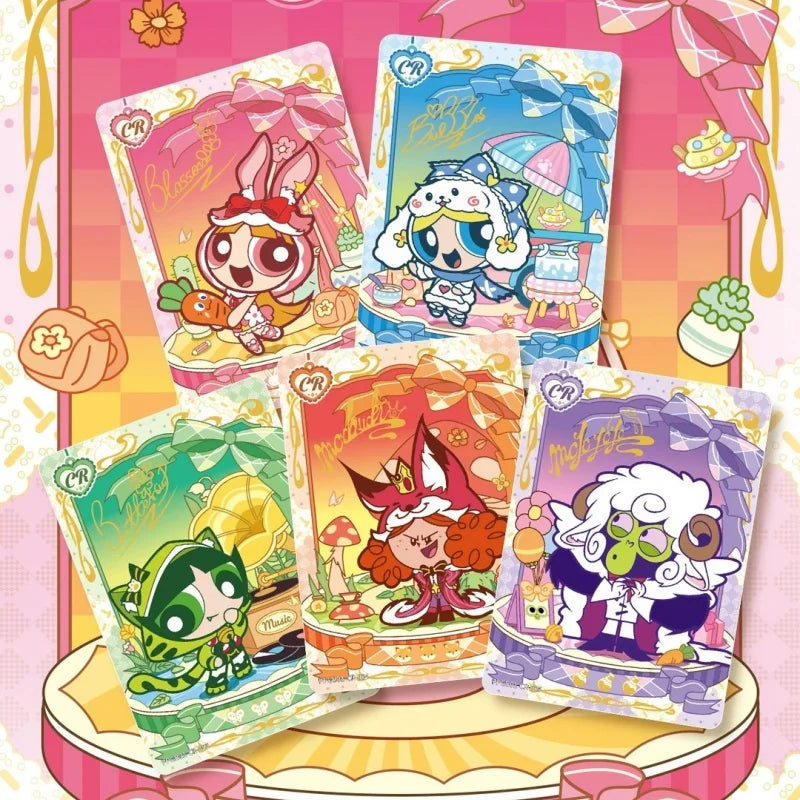 Five Powerpuff Girls collectible cards featuring Blossom, Bubbles, Buttercup, Mojo Jojo, and Him in pastel animal-themed costumes.