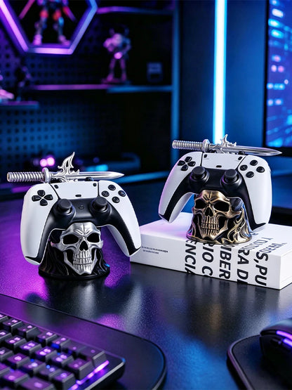 Two skull controller stands holding black-and-white gamepads, topped with small swords.