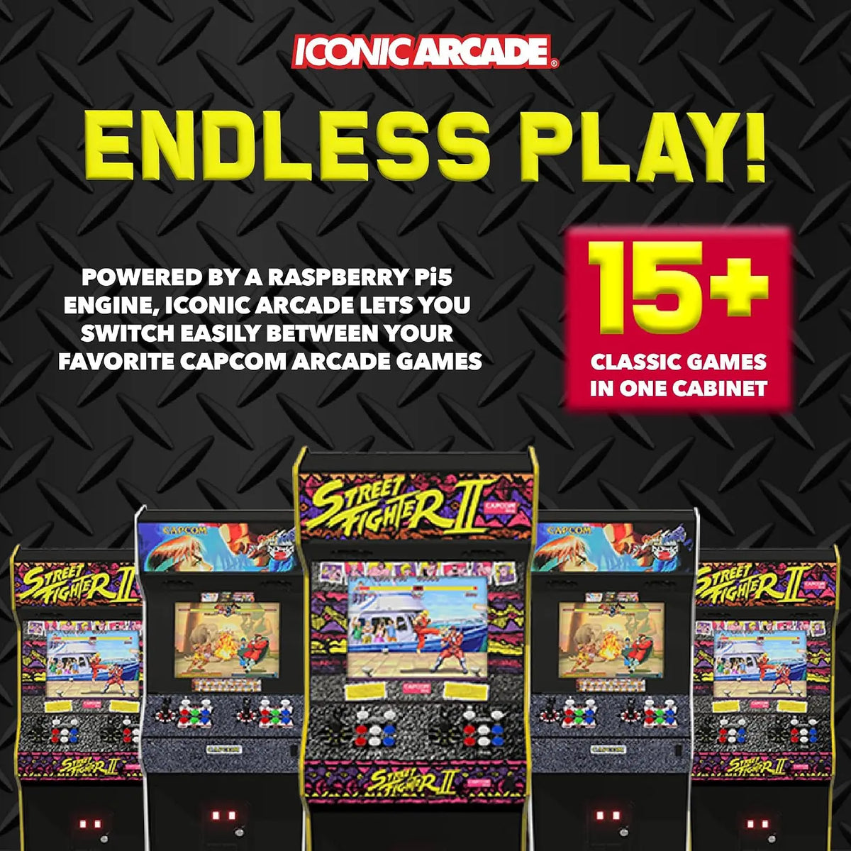 Five Street Fighter II arcade cabinets against a diamond-plate background, featuring text about 15+ games.