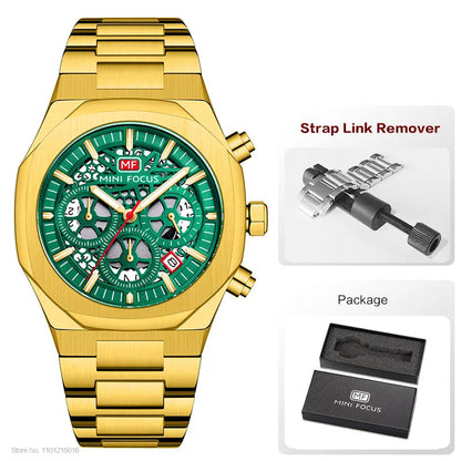 MINI FOCUS Motley Chronograph Quartz Watches Men Stainless Steel Business Sport Wristwatch with Luminous Hands Auto Date 0411