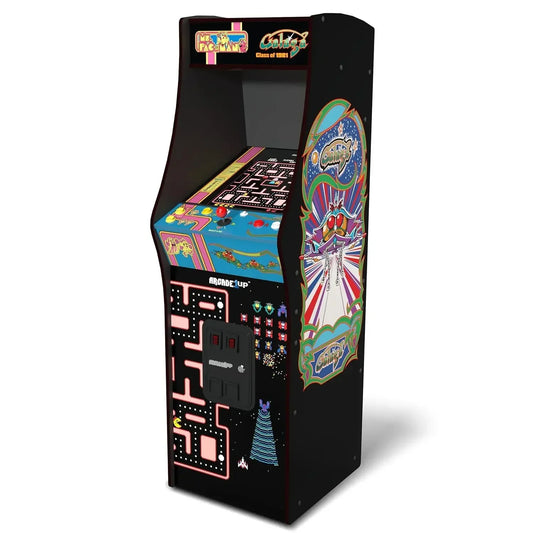 Ms. Pac-Man and Galaga arcade cabinet with black sides, blue control deck, and coin door graphic.