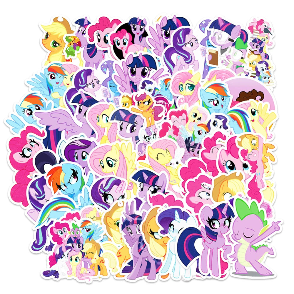 Colorful My Little Pony cartoon stickers featuring various characters overlapping on a white background.