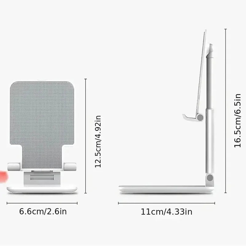 White adjustable desk stand with dimensions shown: 6.6x12.5cm front view and 11x16.5cm side view.