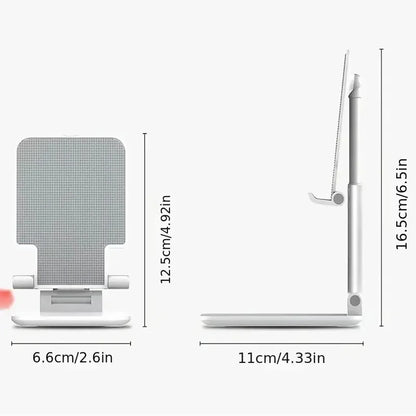 White adjustable desk stand with dimensions shown: 6.6x12.5cm front view and 11x16.5cm side view.