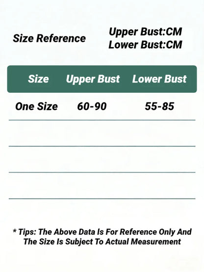 Size reference chart with a dark green header showing One Size: Upper Bust 60-90, Lower Bust 55-85 cm.
