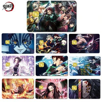 Nine anime-themed debit card skins featuring characters like Tanjiro and Nezuko in vibrant colors.