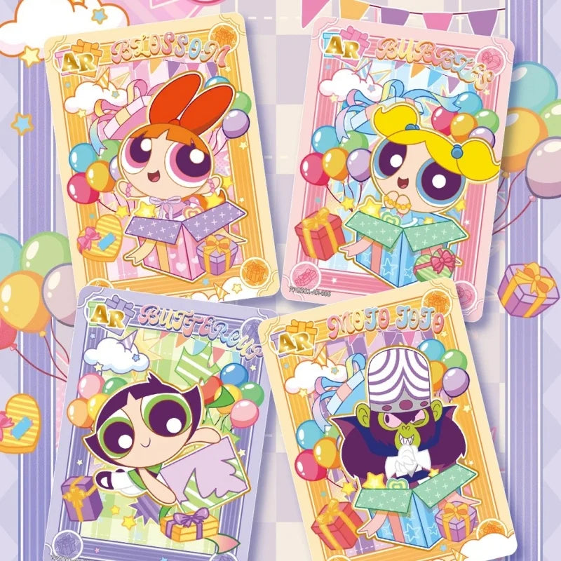 Four Powerpuff Girls AR trading cards featuring Blossom, Bubbles, Buttercup, and Mojo Jojo emerging from gift boxes.
