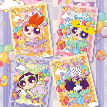 Four Powerpuff Girls AR trading cards featuring Blossom, Bubbles, Buttercup, and Mojo Jojo emerging from gift boxes.