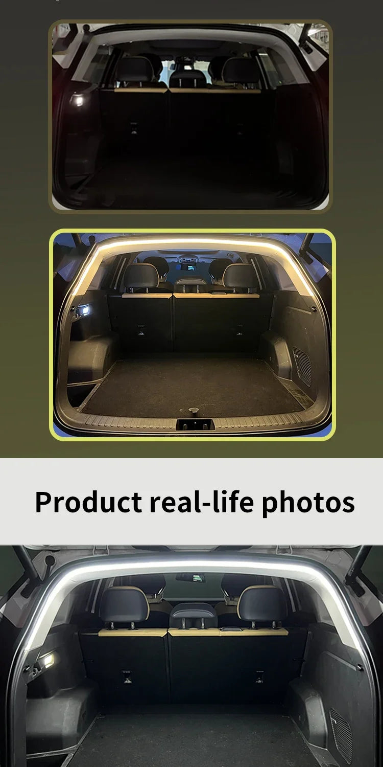 Three car trunk interiors showing before and after installation of a bright white LED light strip along the upper frame.
