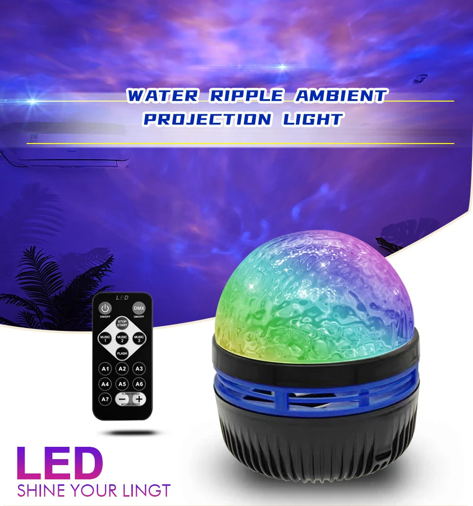 A colorful dome-shaped galaxy lamp with a black and blue base, paired with a remote, projects a purple nebula on a wall.