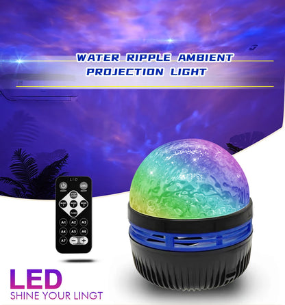 A colorful dome-shaped galaxy lamp with a black and blue base, paired with a remote, projects a purple nebula on a wall.