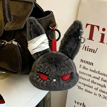 Gothic Bunny Plush Keychain Rabbit Bag Charm with Bandage Design Kawaii Key Ring Pendant Car Bag Ornament Gift
