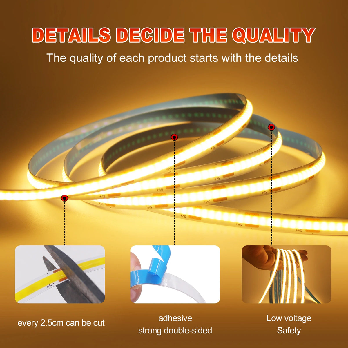 Coiled flexible COB LED strip light emitting warm yellow light, with insets showing it can be cut, peeled, and bent.