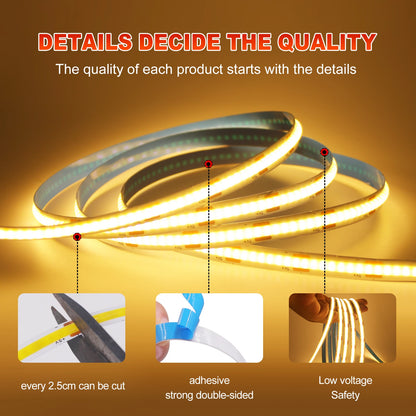 Coiled flexible COB LED strip light emitting warm yellow light, with insets showing it can be cut, peeled, and bent.