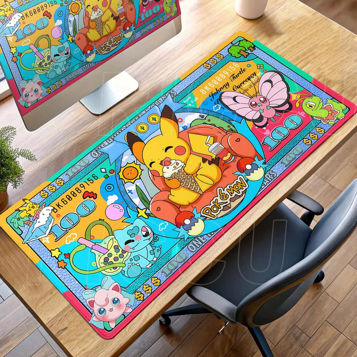 Colorful Pokemon-themed desk mat featuring Pikachu eating ice cream, with Bulbasaur, Butterfree, and Jigglypuff.