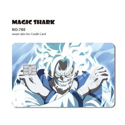 Anime credit card skin in blue and white featuring a grinning character with glowing spiky hair.