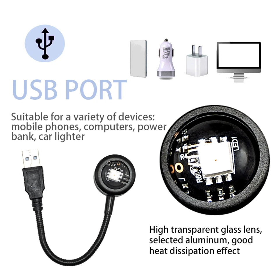 A black USB sunset lamp with a flexible gooseneck cord and a close-up of its LED light.