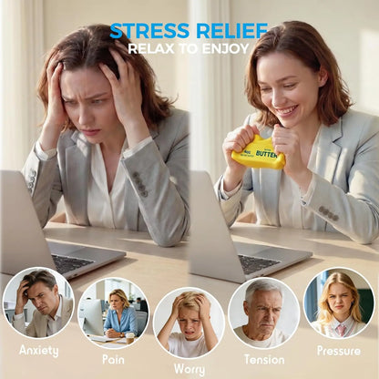 A stressed woman in a grey suit holds her head at a laptop, then smiles squeezing a yellow butter stress toy.