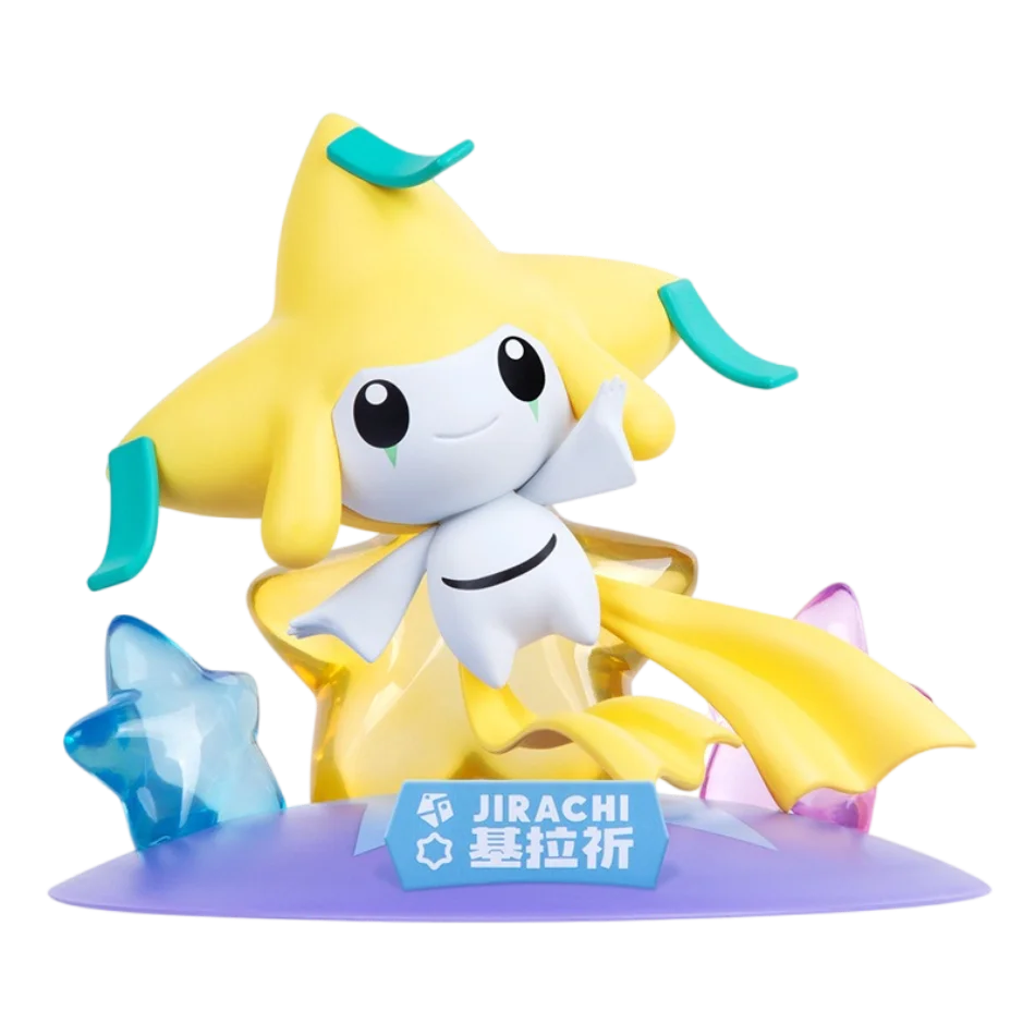 Jirachi Pokémon figure with a yellow star hat and blue tags on a purple base with crystals and a nameplate.