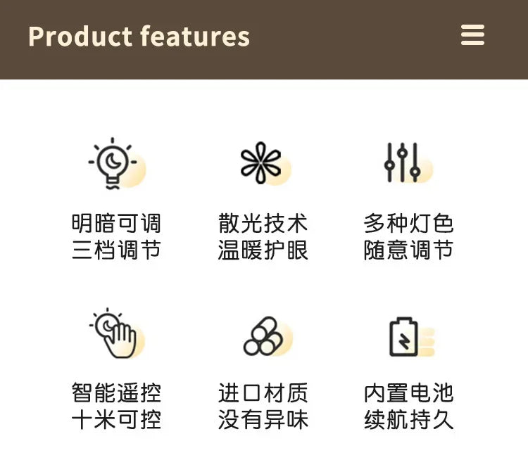 Six feature icons with Chinese text detailing night light functions on a brown background.