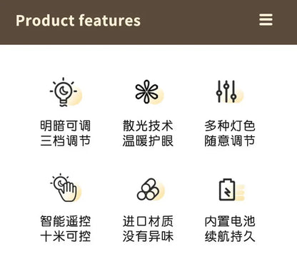 Six feature icons with Chinese text detailing night light functions on a brown background.
