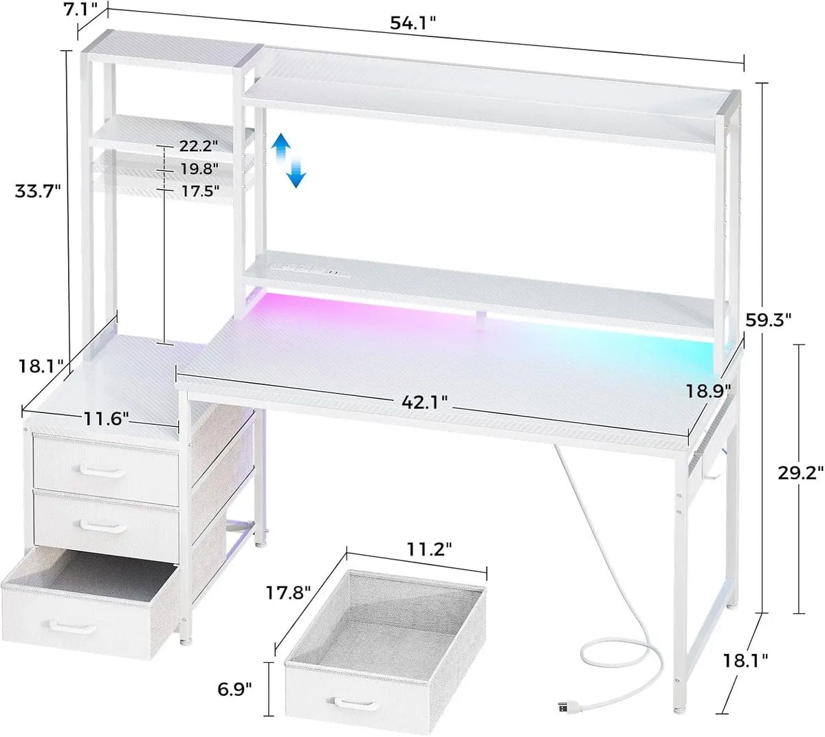 White Casaottima gaming desk with hutch, three fabric drawers, and multicolored LED lights, shown with dimensions.