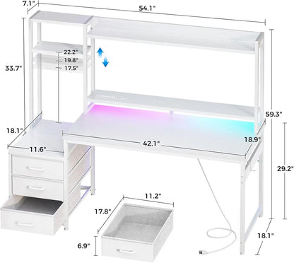 White Casaottima gaming desk with hutch, three fabric drawers, and multicolored LED lights, shown with dimensions.