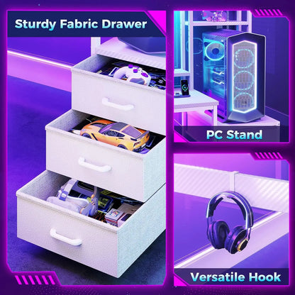 Three light fabric drawers with white handles, a PC stand holding a tower, and a headphone hook.